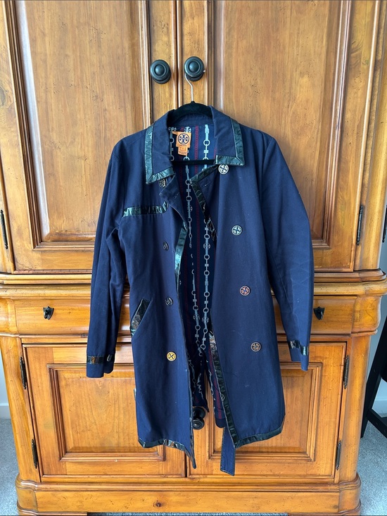 Tory Burch Jackets & Blazers - Tory Burch Navy Trench Coat with Black Trim and Multi-Colored Logo Buttons